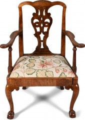 GEORGE II WALNUT OPEN ARMCHAIR