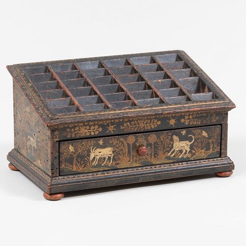GEORGE III BLACK JAPANNED GAME BOX,