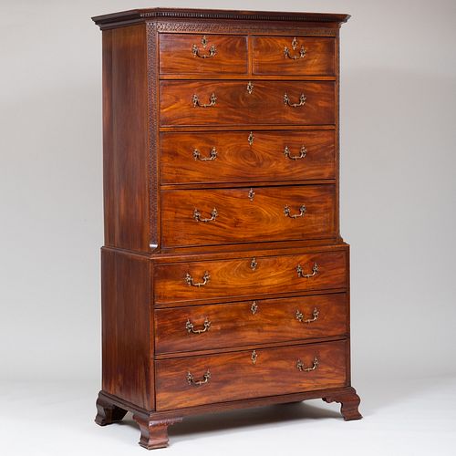 GEORGE III CARVED MAHOGANY CHEST ON