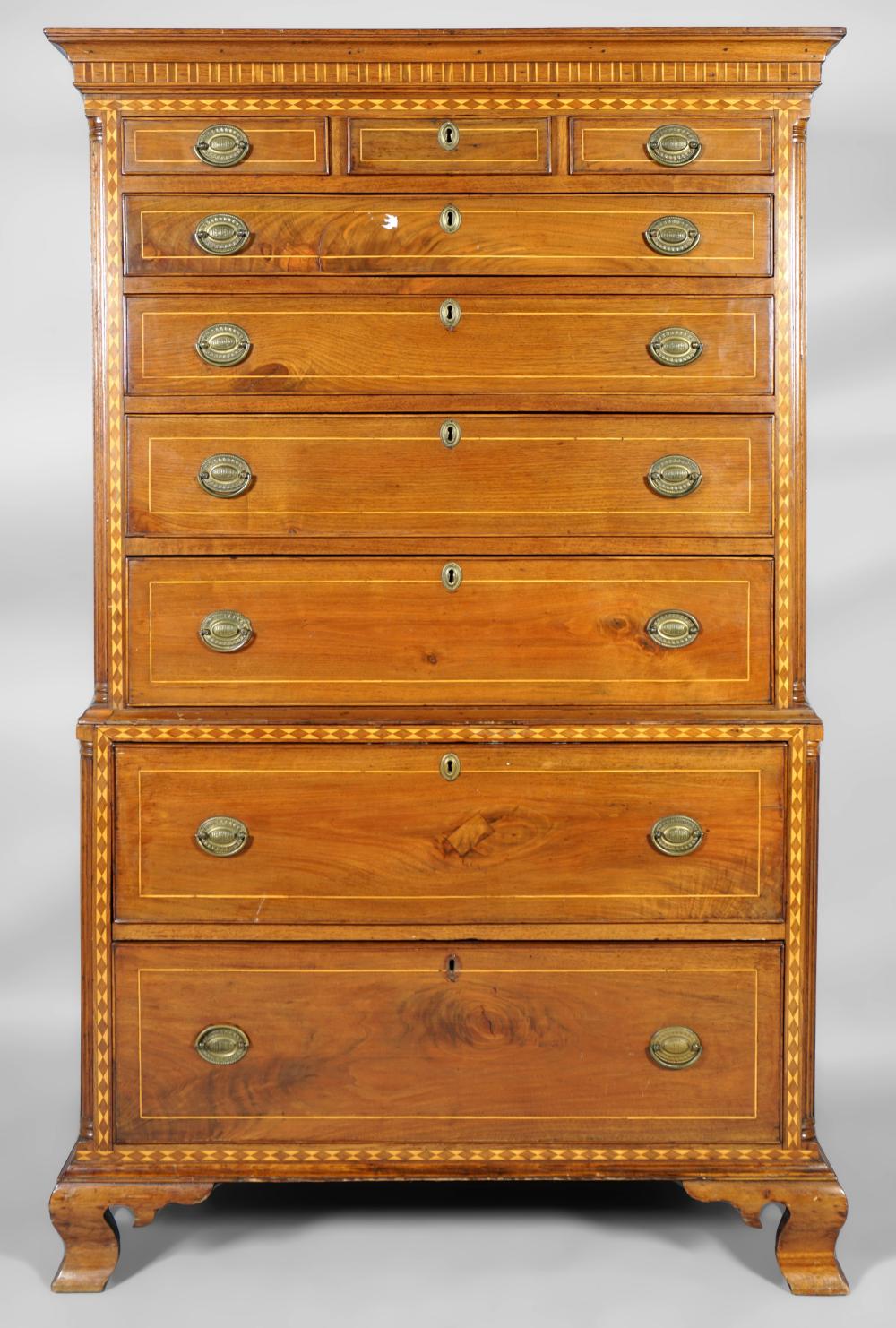 GEORGE III INLAID MAHOGANY CHEST ON