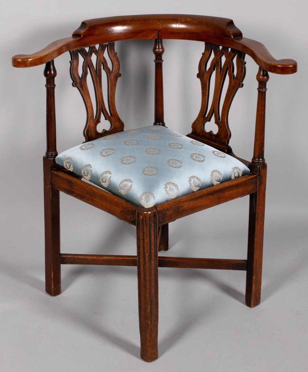 GEORGE III MAHOGANY CORNER ARMCHAIR