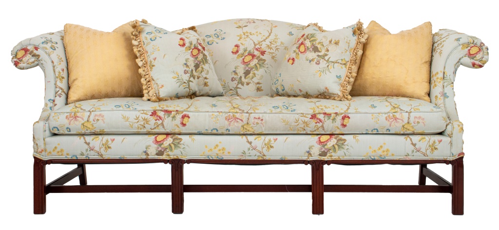 GEORGE III STYLE CAMELBACK SOFA