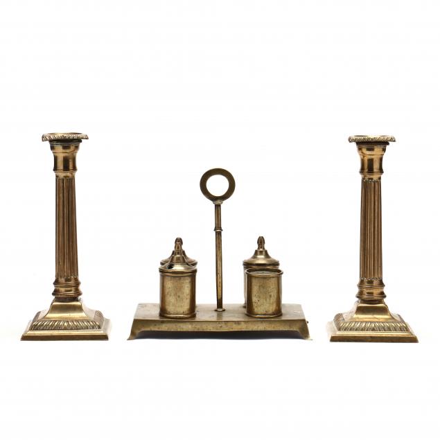GEORGIAN BRASS STANDISH AND PAIR OF