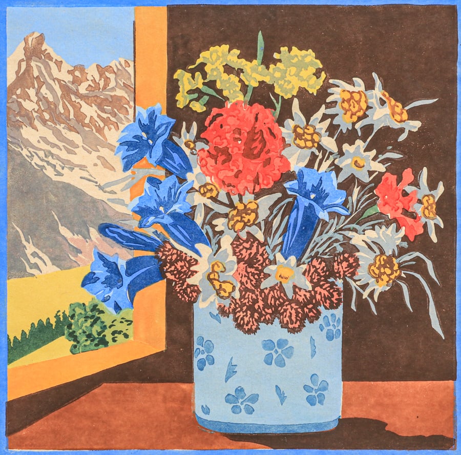 GERMAN COLOR WOODCUT "ALPENS..."