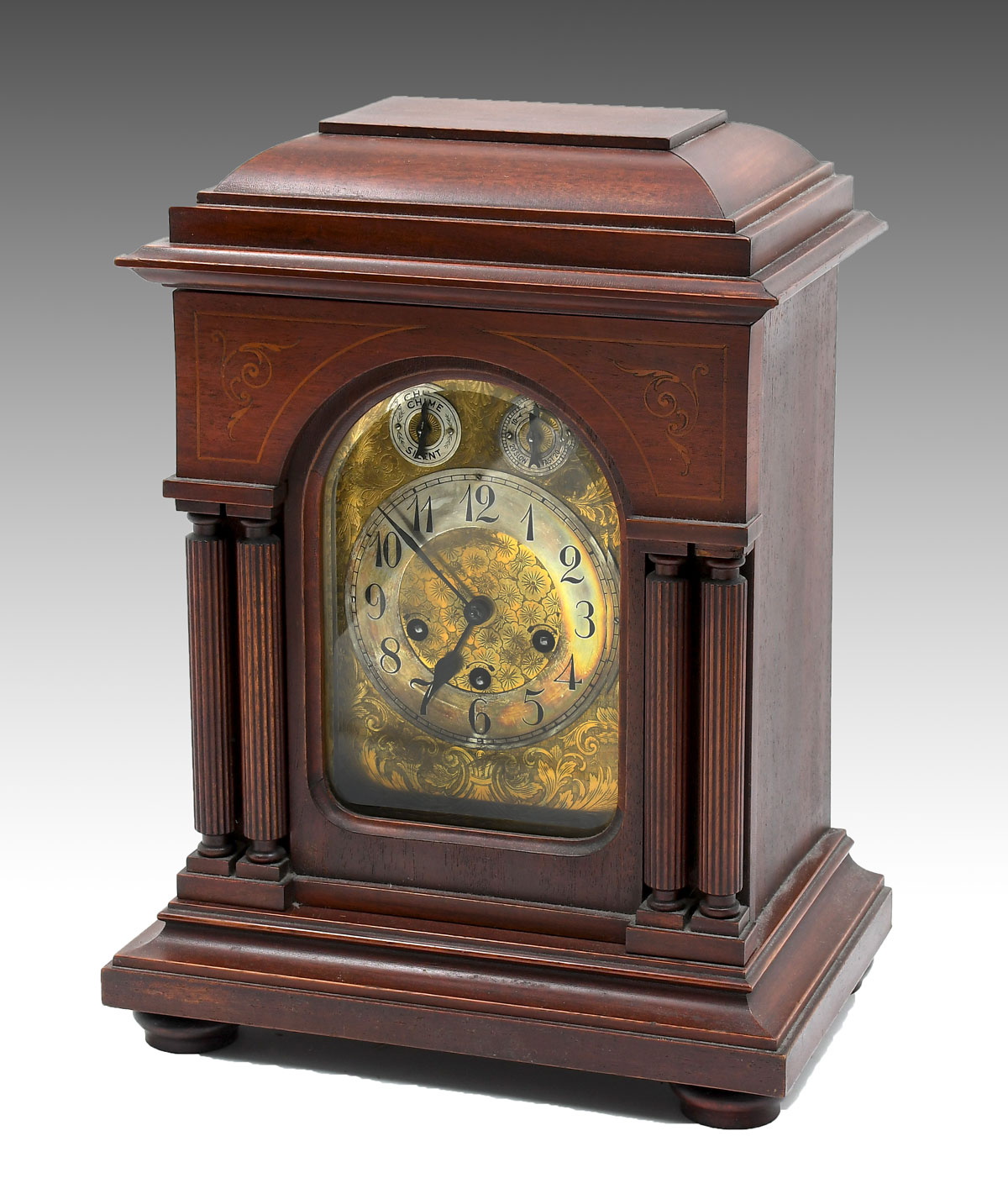 GERMAN MAHOGANY MANTLE CLOCK: Brass