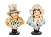 GERMAN MAJOLICA POTTERY BUSTS,