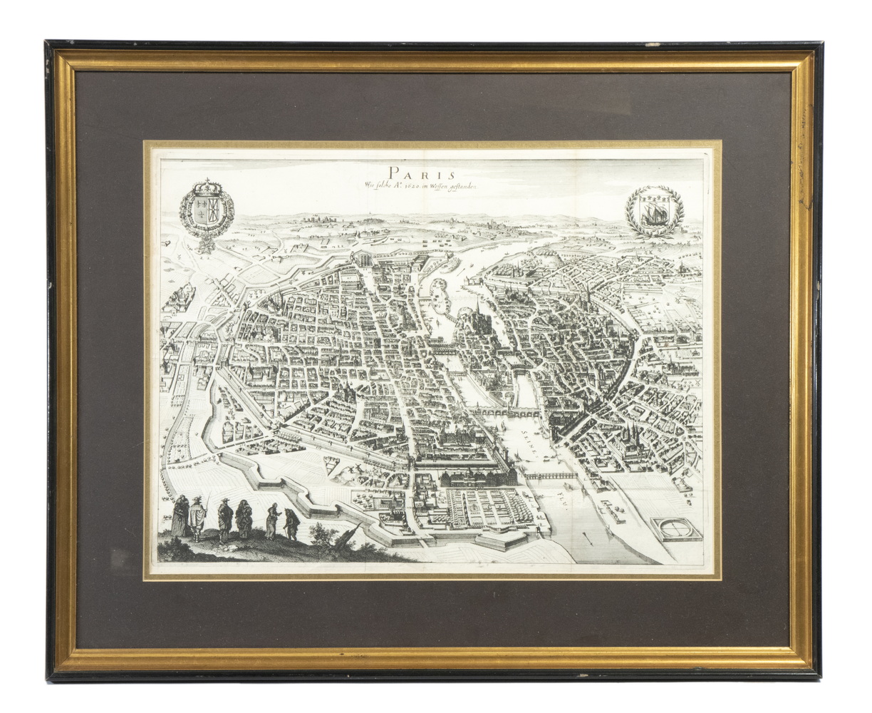 GERMAN MAP OF PARIS, 1620, FRAMED