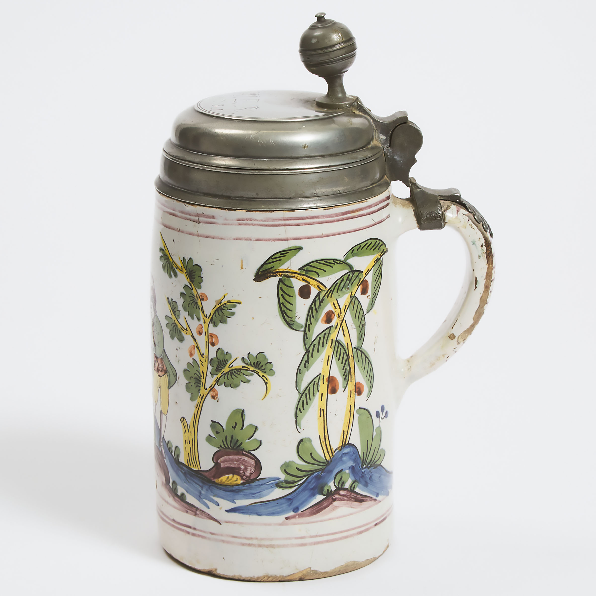 German Pewter Mounted Delft Pottery