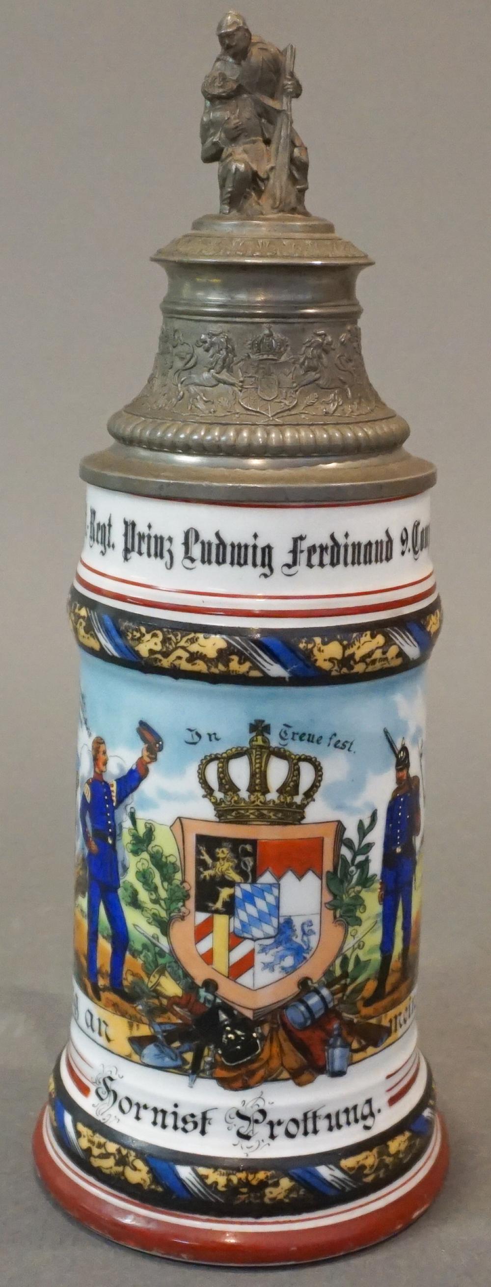 GERMAN PEWTER MOUNTED PORCELAIN AND