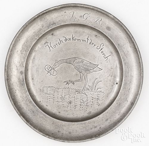 GERMAN PEWTER PLATE WITH STORK,