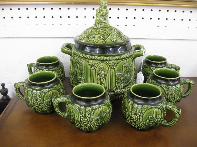 German Pottery Punchbowl and 6 Mugs