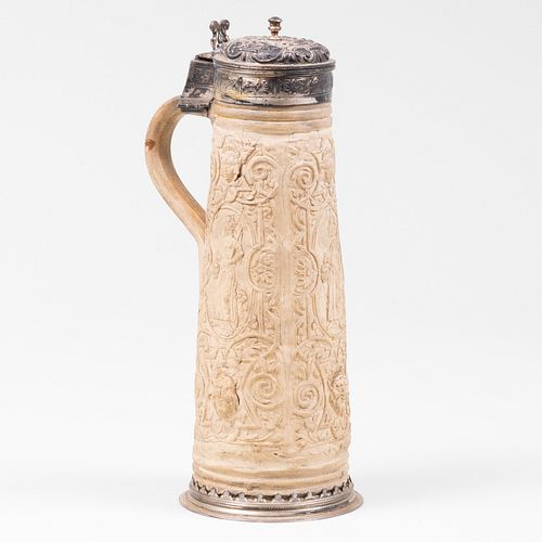 GERMAN SIEGBURG PEWTER-MOUNTED