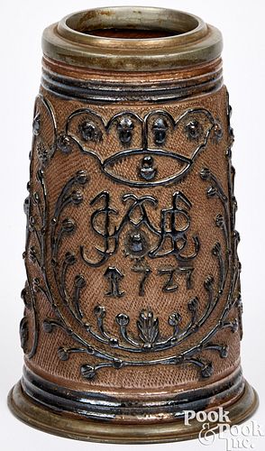 GERMAN STONEWARE TANKARD, DATED