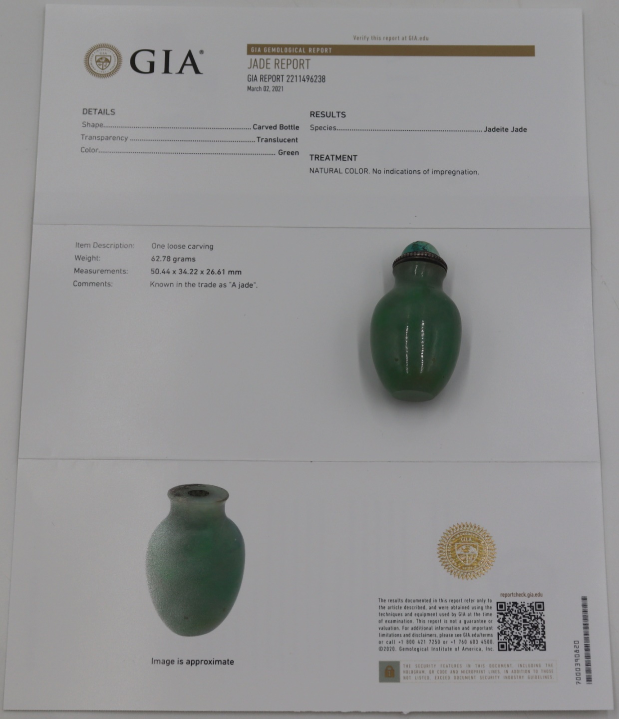 GIA JADEITE JADE SNUFF BOTTLE,