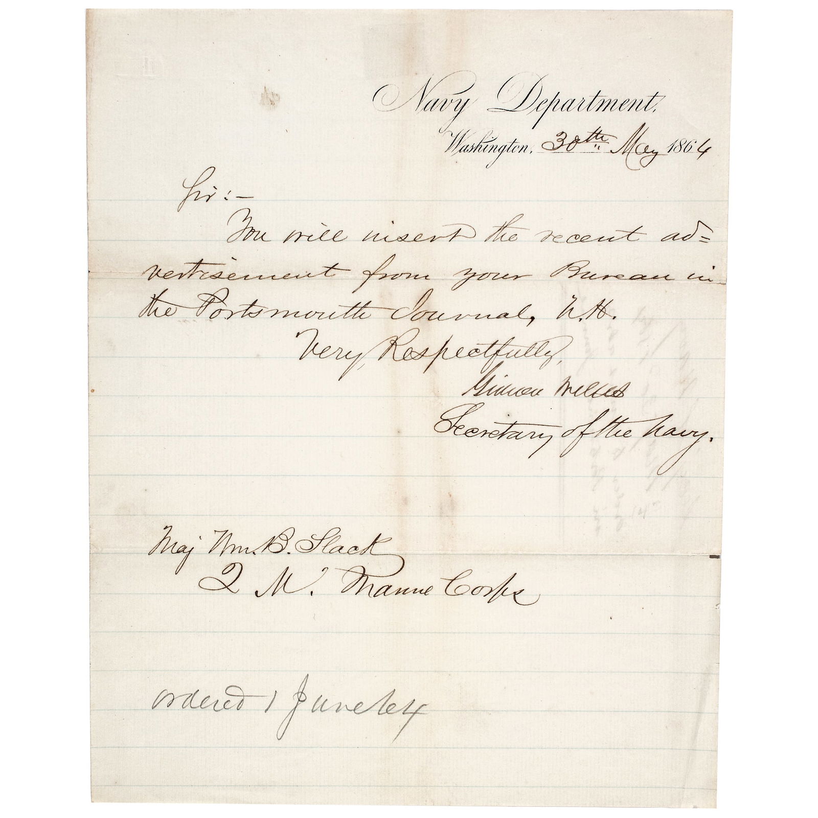 GIDEON WELLES 1864 SIGNED LETTER