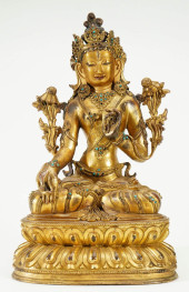 GILDED BRONZE GUANYIN STATUE<b