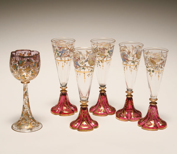 Gilt and enameled glass stemware,