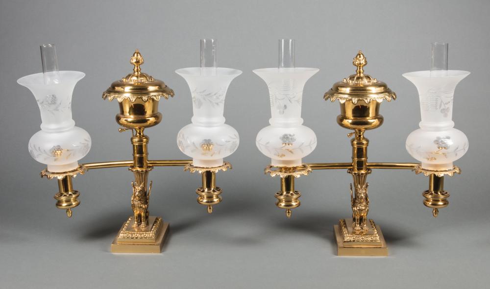 GILT BRONZE DOUBLE ARGAND LAMPSPair