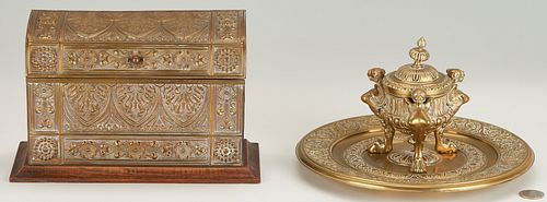 GILT BRONZE INKWELL W/ UNDERPLATE &