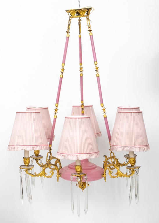 GILT BRONZE & PINK MILK GLASS 6 ARM