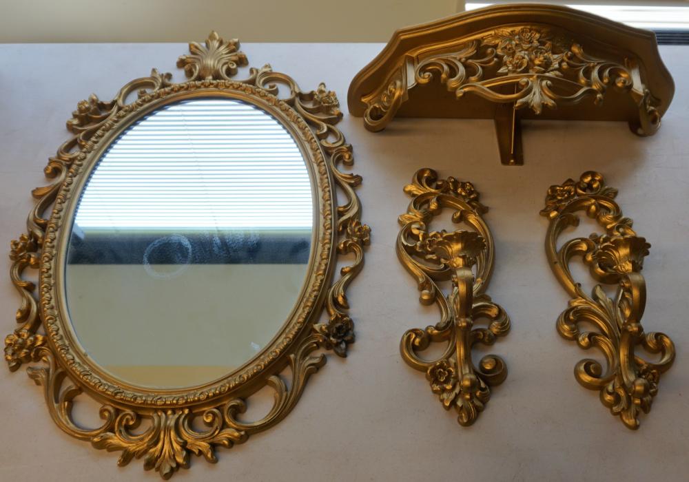 GILT COMPOSITE FRAME MIRROR, SHELF,