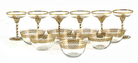 Gilt crystal champagnes and bowls