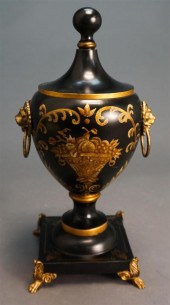 GILT DECORATED TOLE MANTLE URN