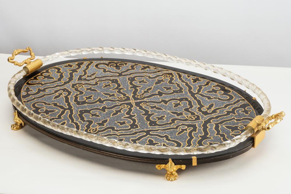GILT & ENAMELED GLASS TRAYunsigned;