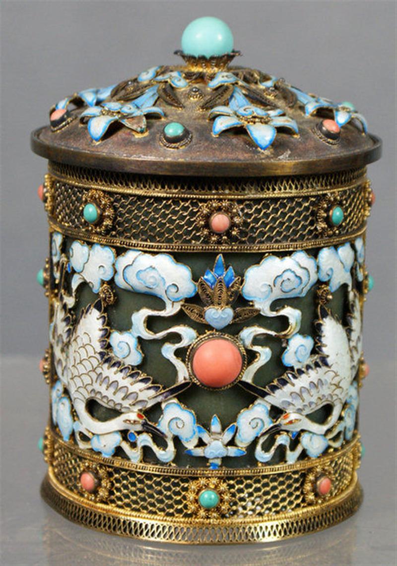 Gilt filigree silver and jade