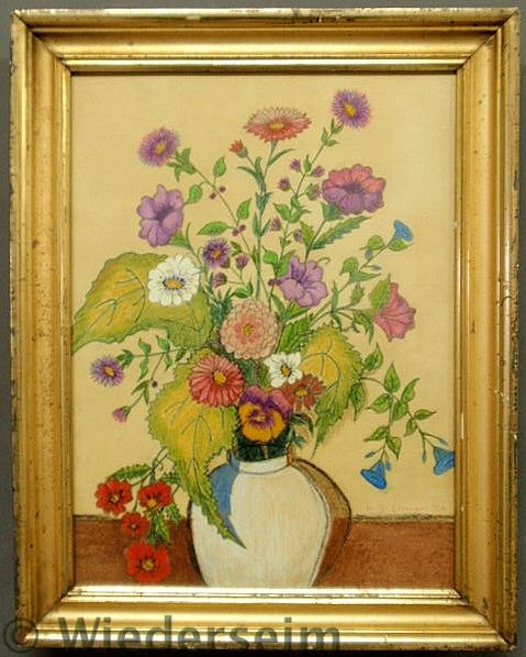 Gilt framed gouache of a vase of