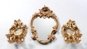 Gilt framed mirror, sconces: I