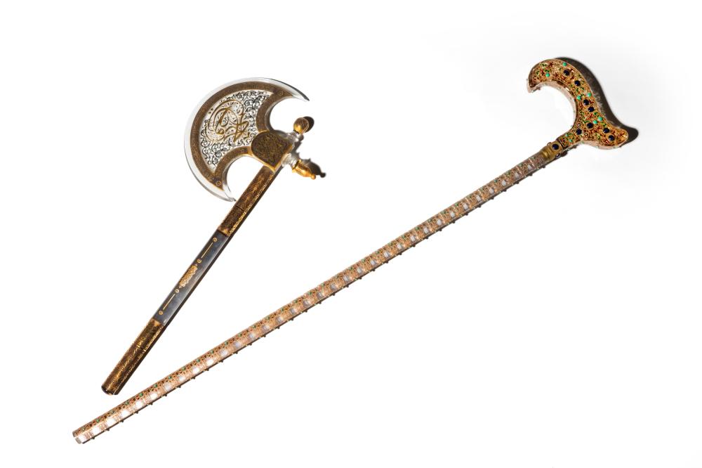 GILT GLASS CANE AND AXEGilt Glass