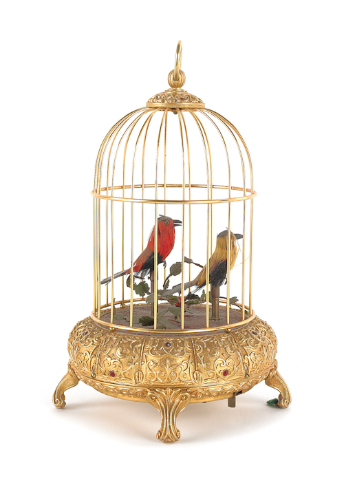 Gilt metal bird cage with two