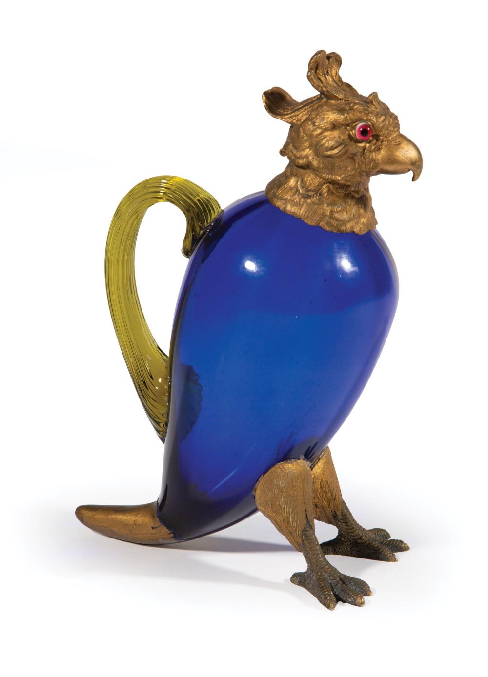 GILT METAL, COBALT, GLASS PARROT