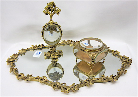 GILT METAL DRESSER MIRROR & PERFUME