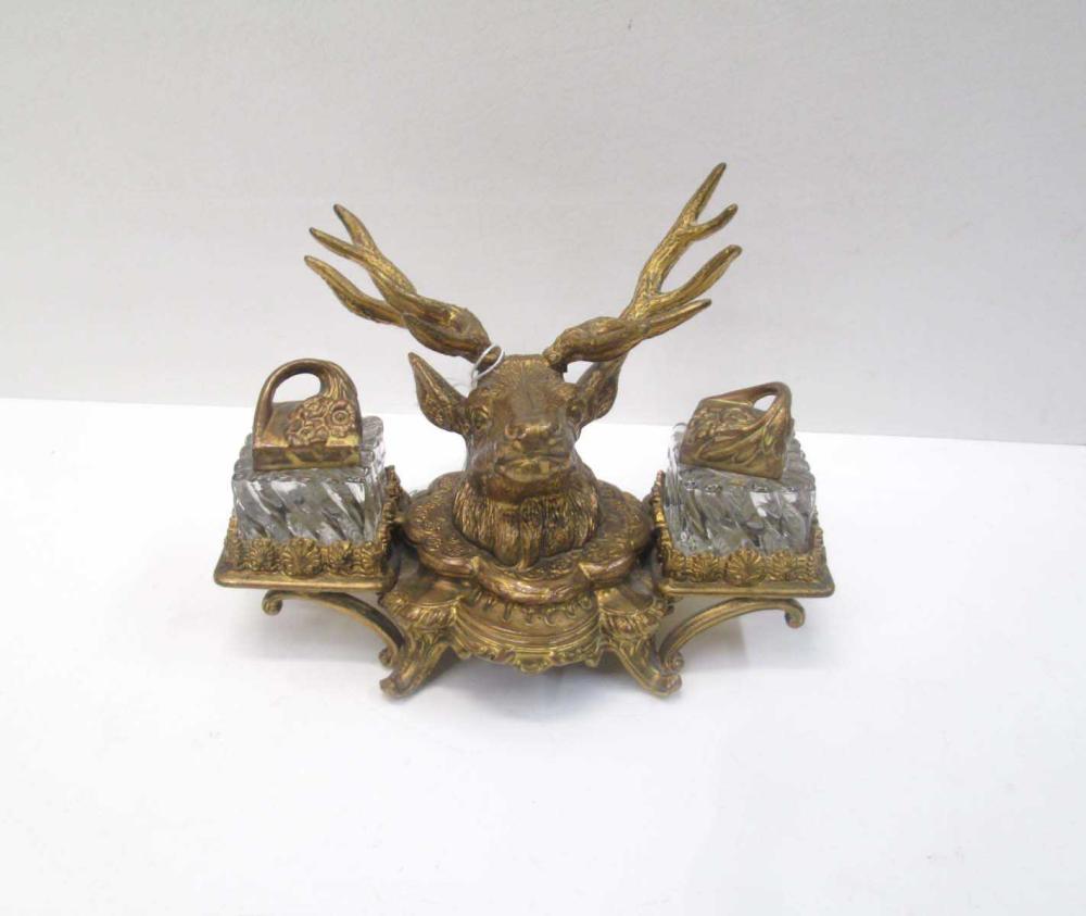 GILT METAL FIGURAL INKSTAND, WITH