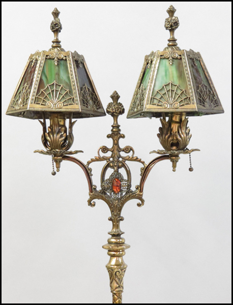 GILT METAL TWO-LIGHT FLOOR LAMP.