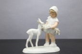 GIRL FEEDS FAWN FLOWERS PORCEL