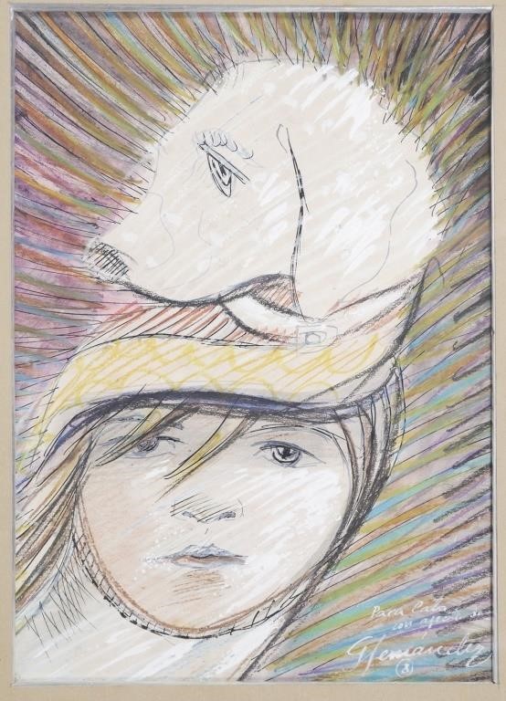 GIRL WITH DOG ON HEAD, PASTEL