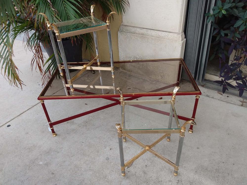 GLASS AND BRASS LOW TABLE & PAIR OF
