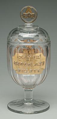 Glass chocolate decanter, marked
