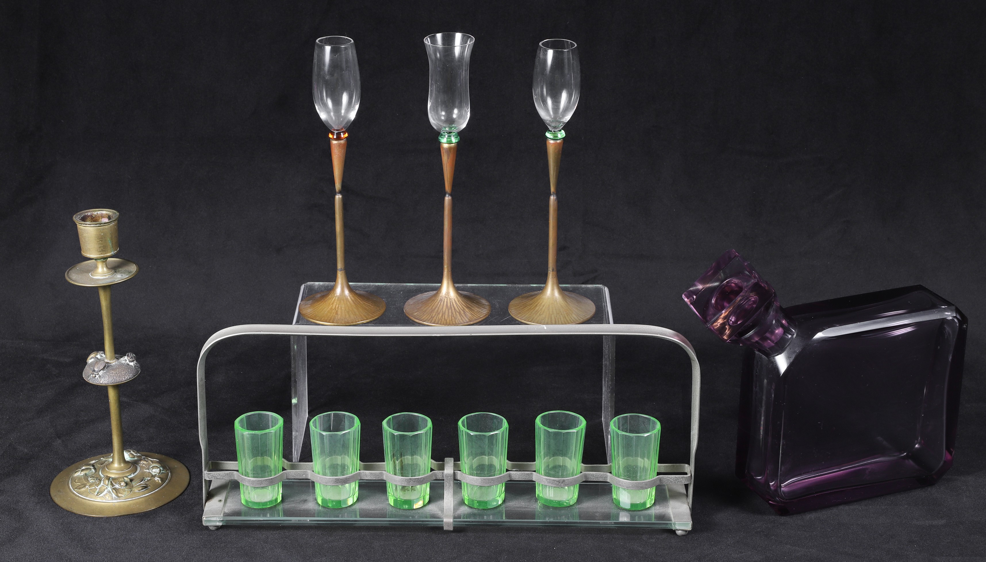 Glass decanter, shots, stems and