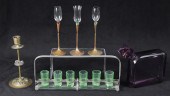 Glass decanter, shots, stems a