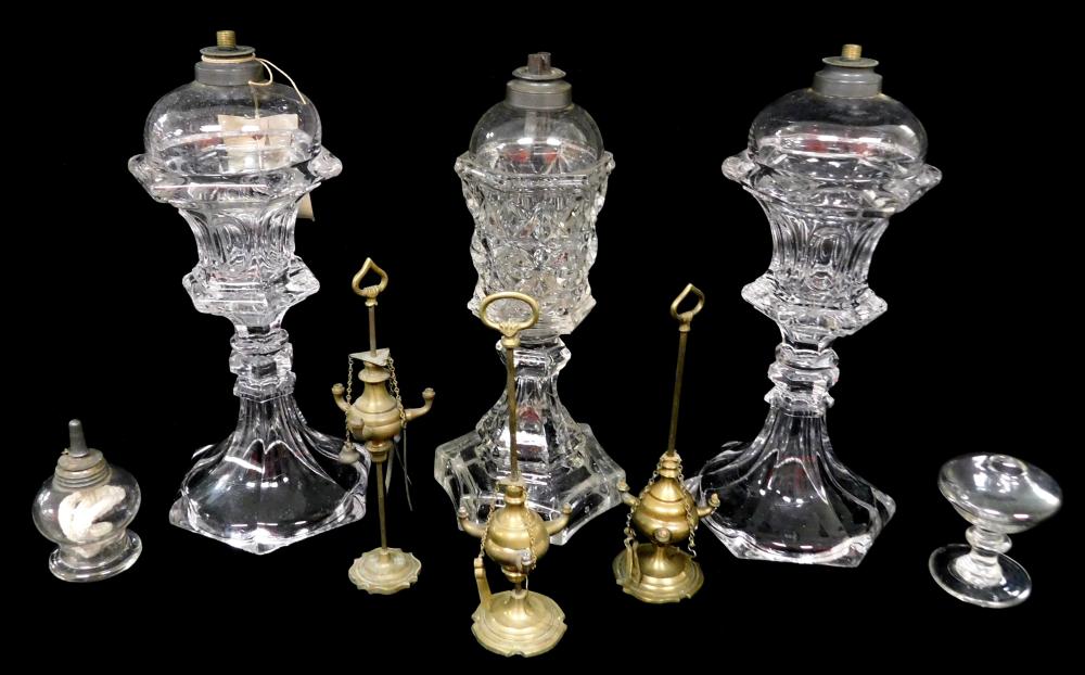 GLASS: EIGHT OIL LAMPS, THREE CLEAR