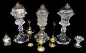 GLASS: EIGHT OIL LAMPS, THREE