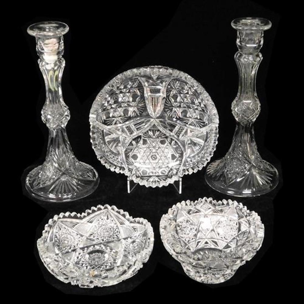 GLASS: FIVE ASSORTED CUT GLASS