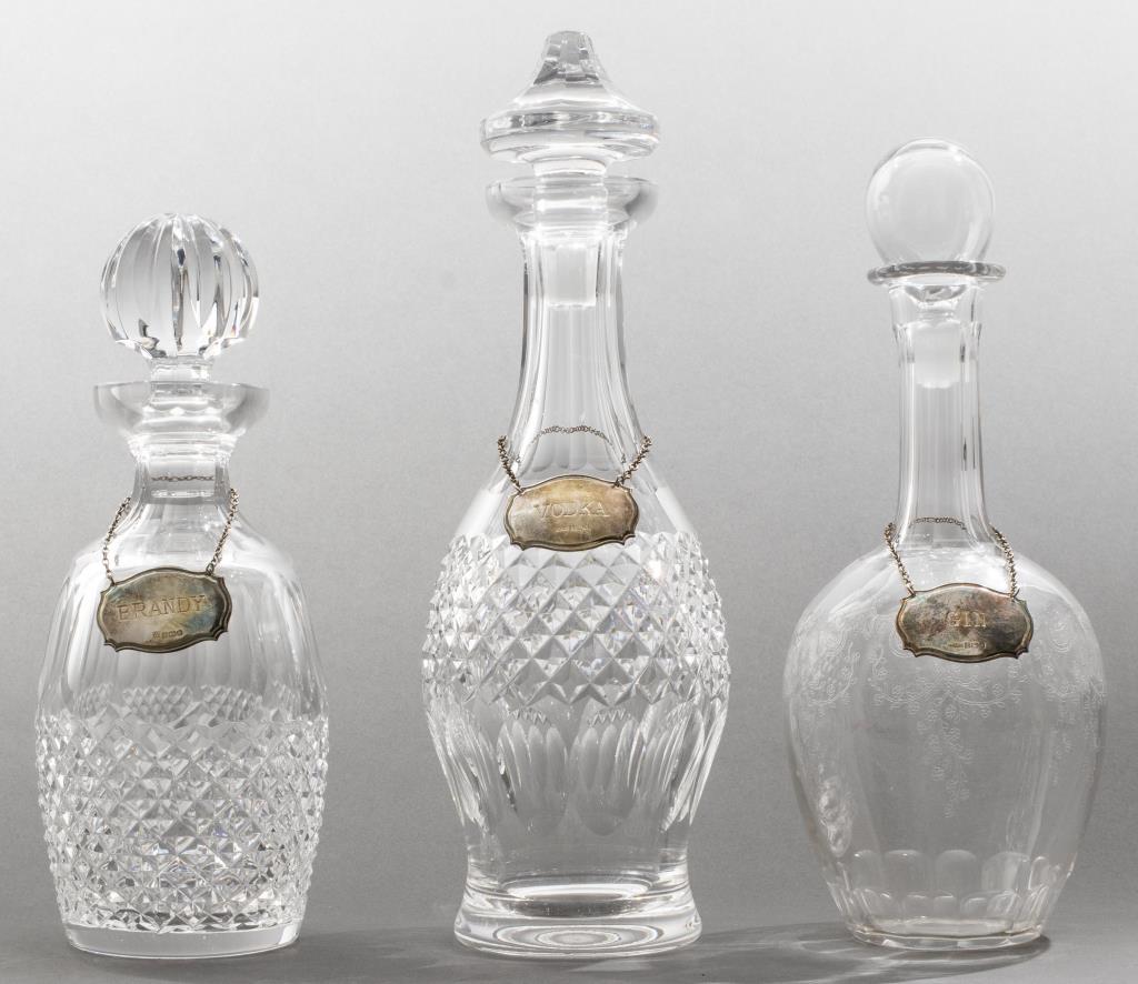 GLASS LIQUOR DECANTER TRIO WITH