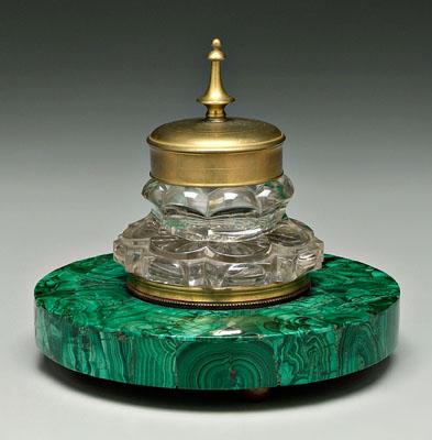 Glass, malachite inkwell: brass