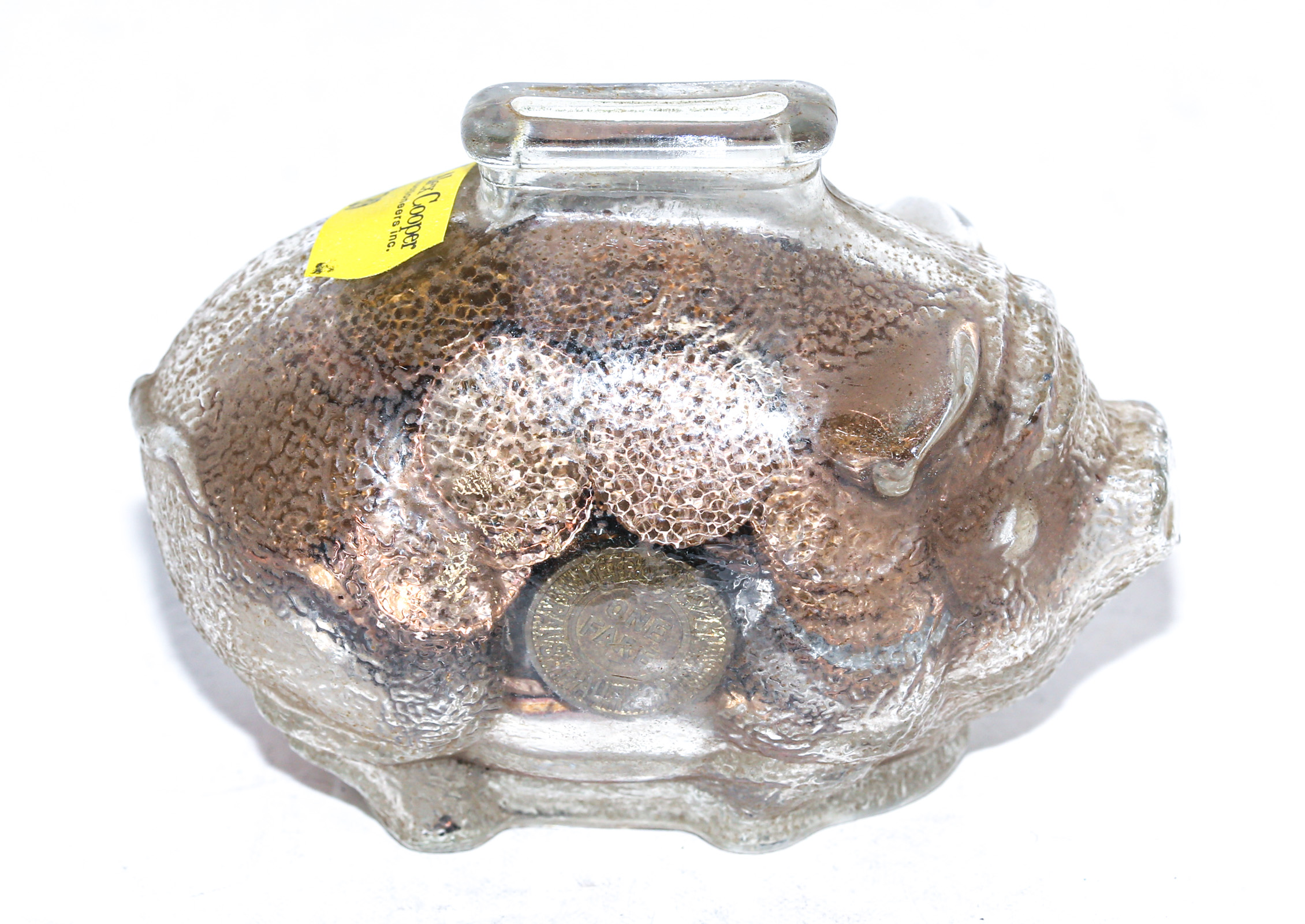 GLASS PIGGY BANK FILLED WITH