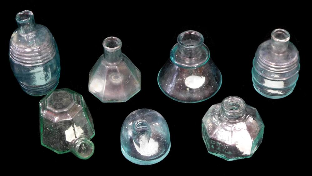 GLASS: SEVEN SMALL INKWELLS, 19TH